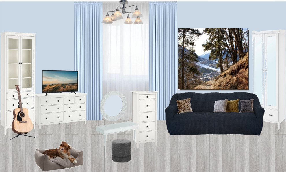 Коллаж художественно-стилевого решения спальни-гостиной