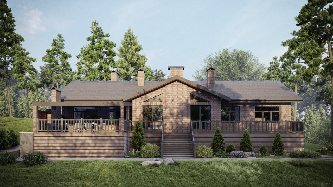 Дом с подвалом, облицованный камнем