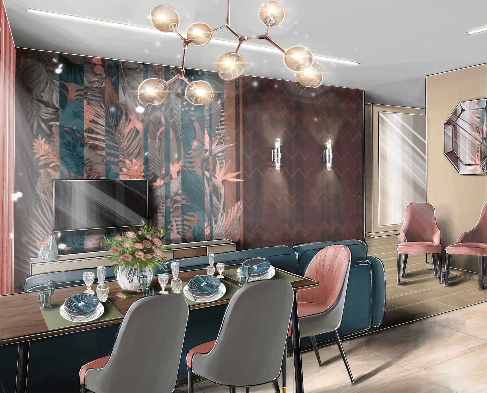 Гостиная-кухня с синим диваном