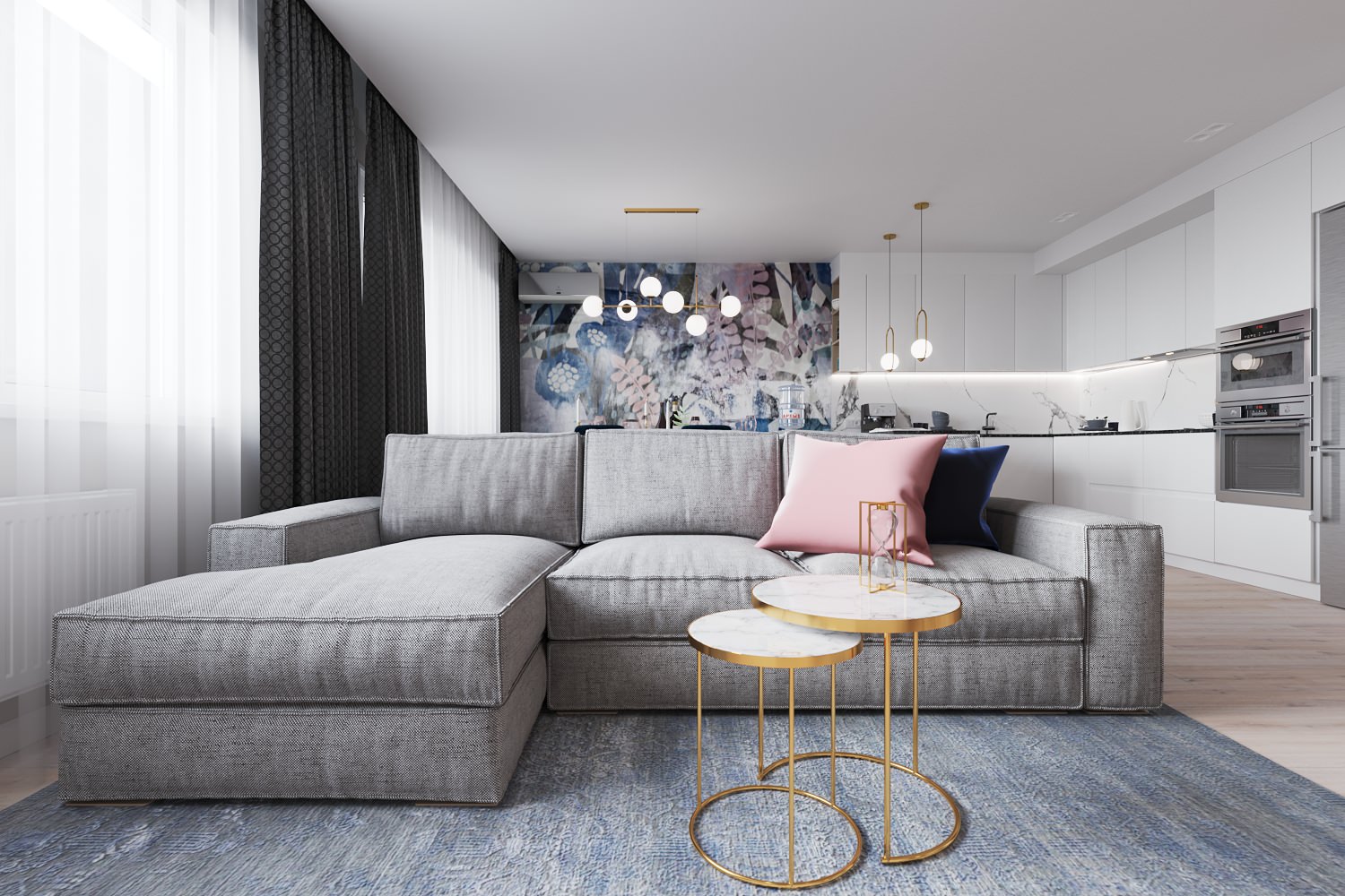 Обложка проекта: Кухня-гостиная с акцентной фреской