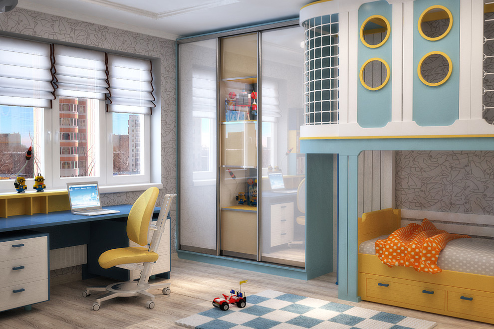 Sportive kids room for 2 children in blue and red - 3D vizualization