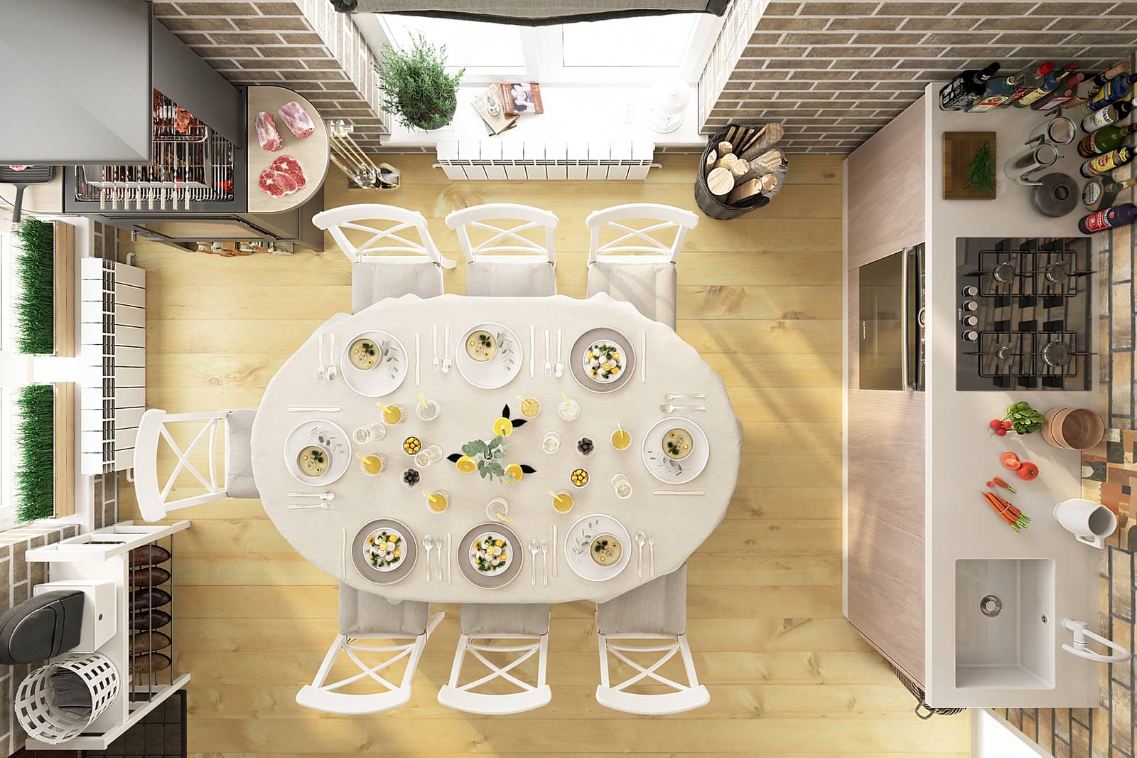 Дизайн-проект кухни гостиной с гриль - барбекю