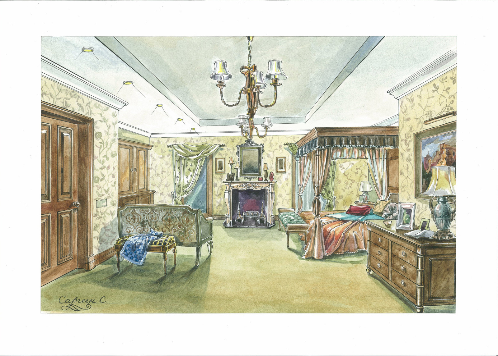 Эскизы к дизайн-проекту загородного дома в английском стиле.