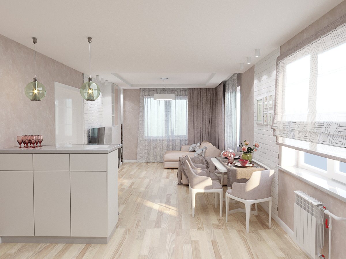 Кухня-гостиная в пудровых тонах
