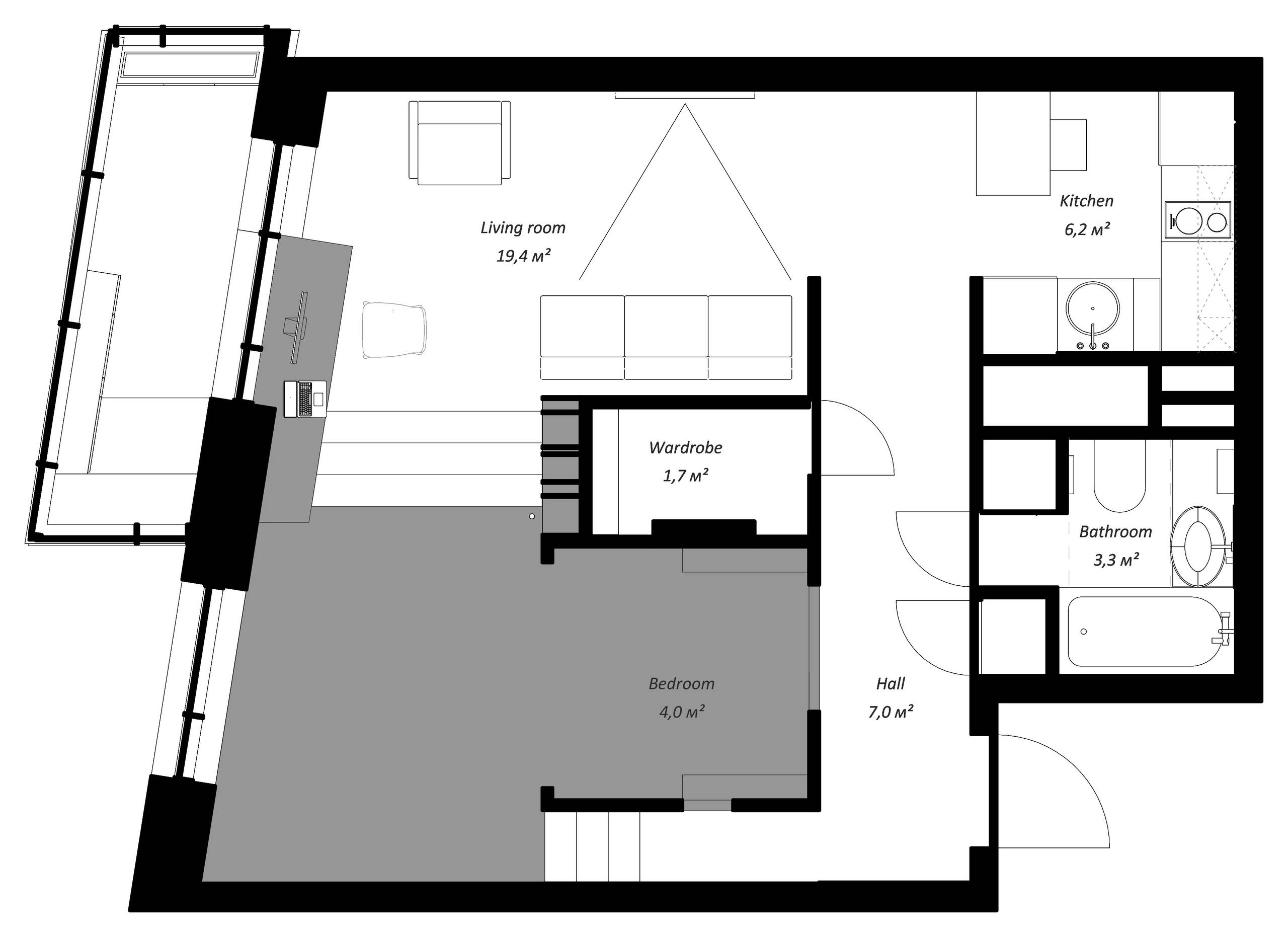 Houzz тур: Спальня в кубе и бетонный потолок для айтишника