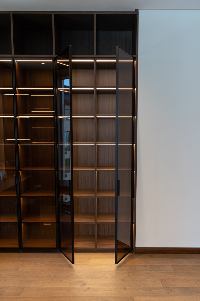 Гардеробная комната с распашными стеклянными RPE фасадами