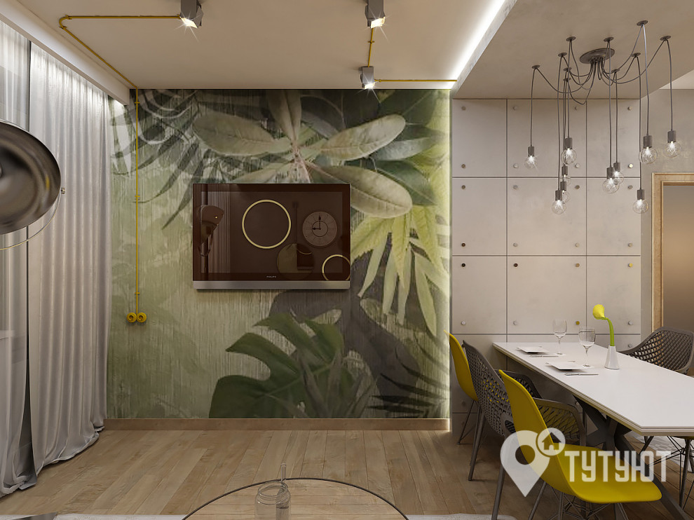 Кухня-гостиная в стиле лофт с желтым акцентом