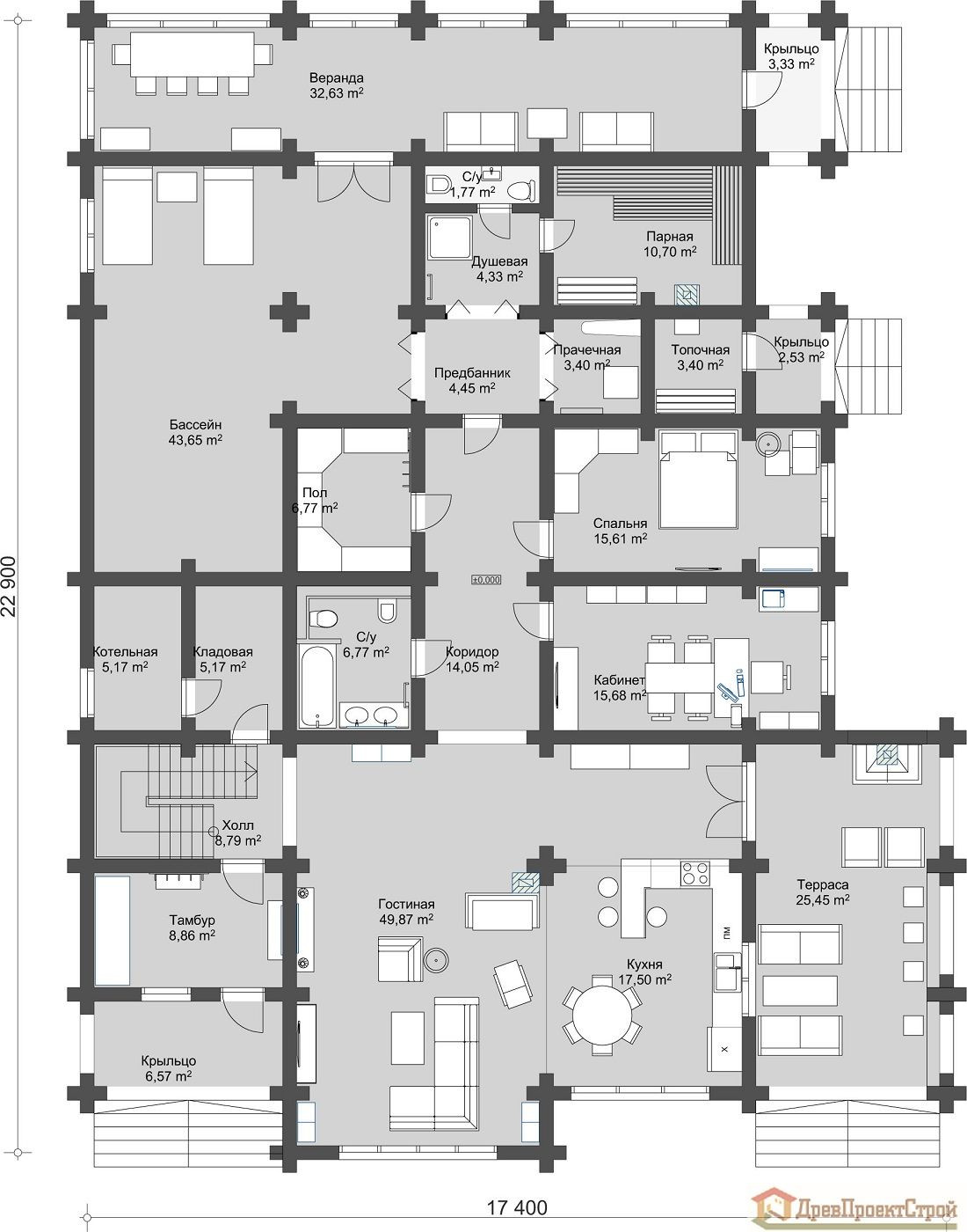Дом из оцилиндрованных бревен 480,69м². Размеры 17400 х 22900. Проект № 308