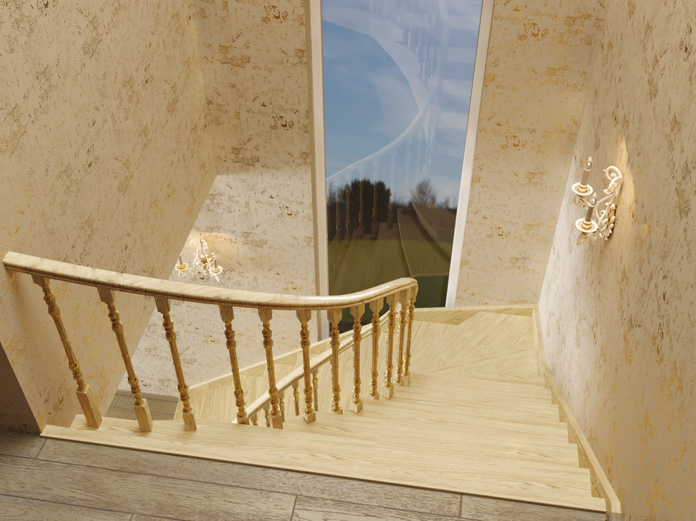 3D визуализации светлой лестницы с золотой патиной