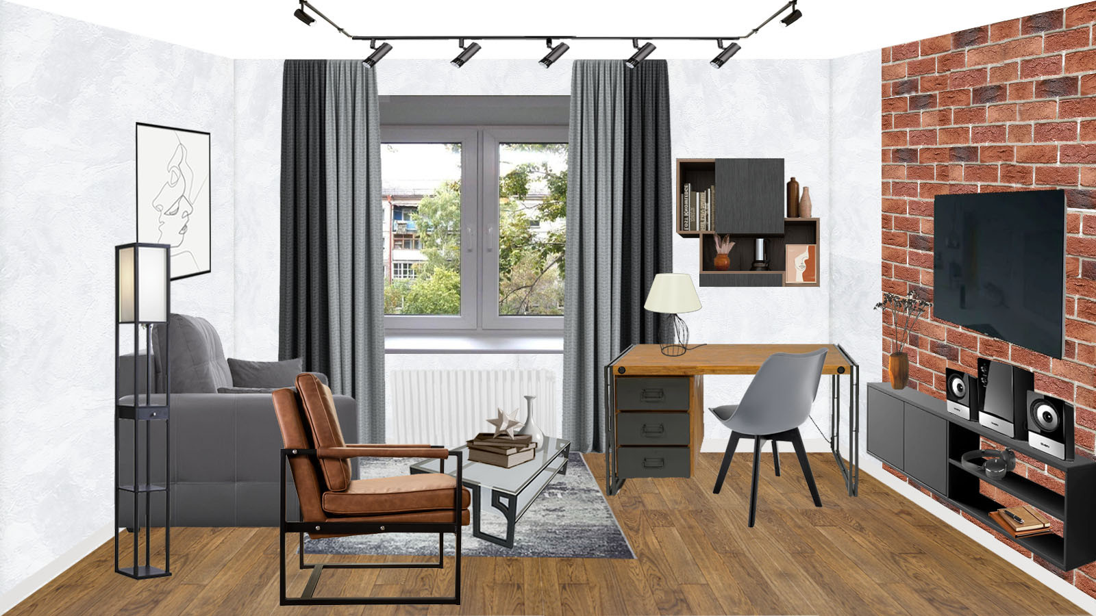 Проект жилой комнаты с зонированием гостиной, спальни и кабинета