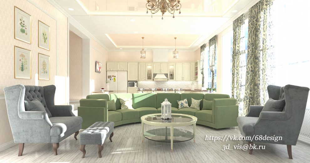 Обложка проекта: Дизайн и визуализация кухни-гостиной (54м2) загородного дома, в стиле прованс.