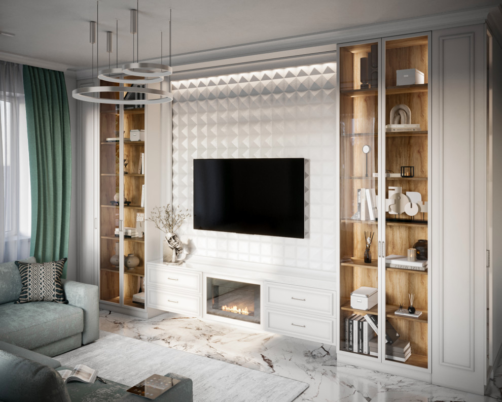 Мятная неоклассика. Кухня-гостиная в загородном доме.