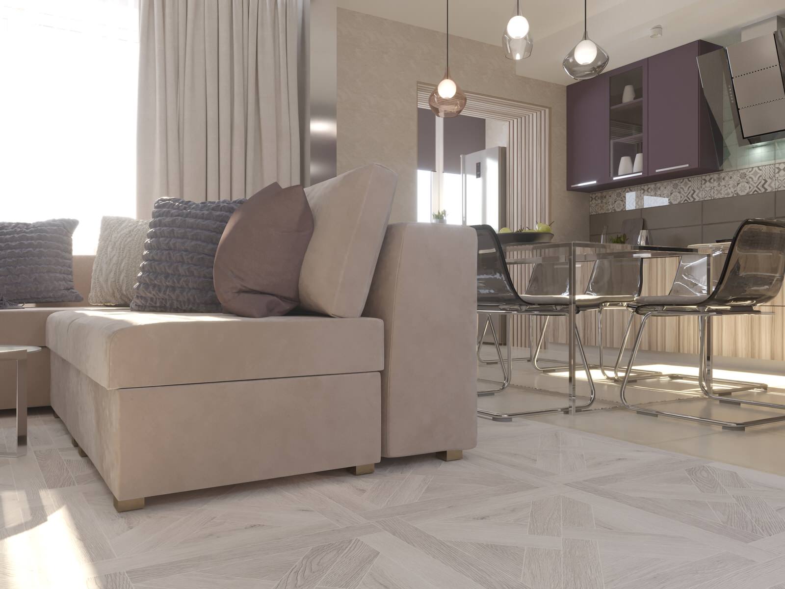 Кухня-гостиная в проекте 2-х комнатной квартиры для молодой семьи