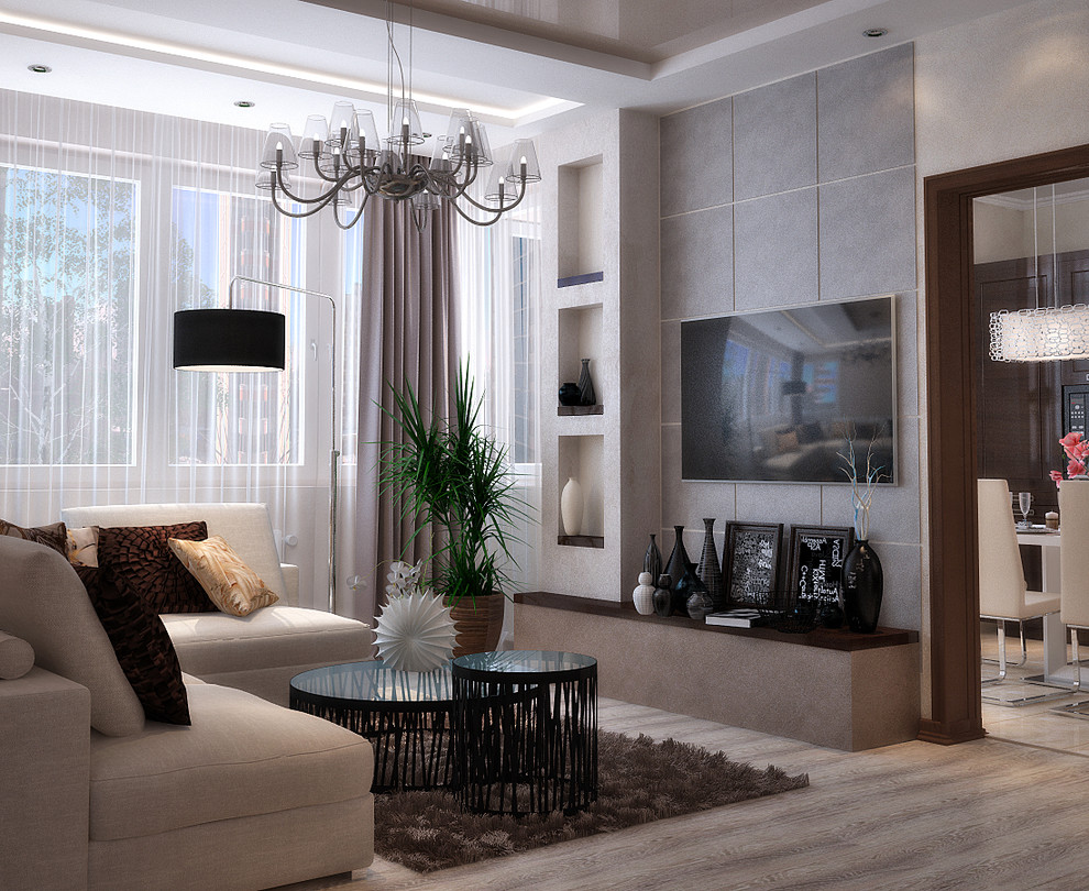 Cream and chocolate colors in living room and kitchen design