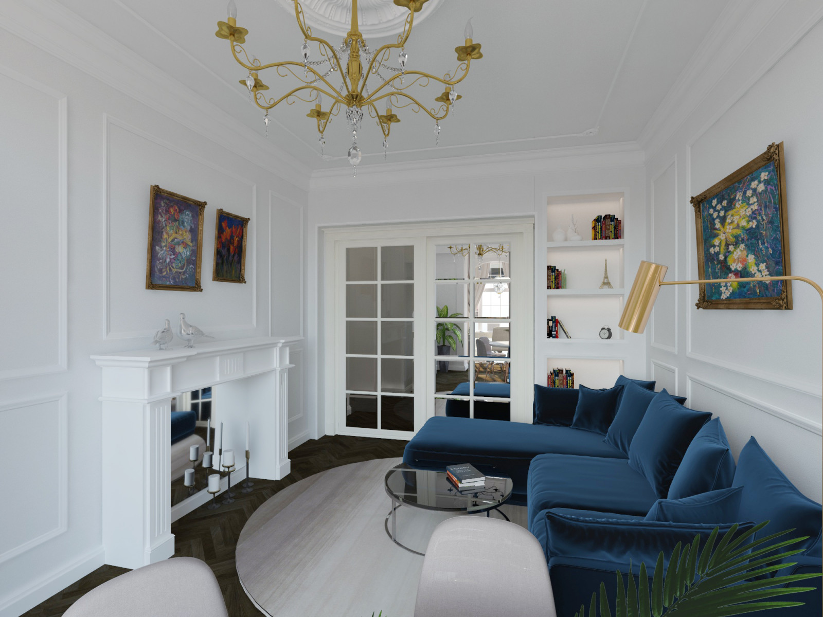 белая гостиная с синим диваном