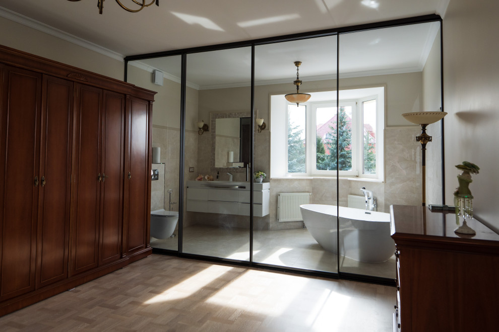 Раздвижная межкомнатная перегородка raumplus в темном тонком профиле