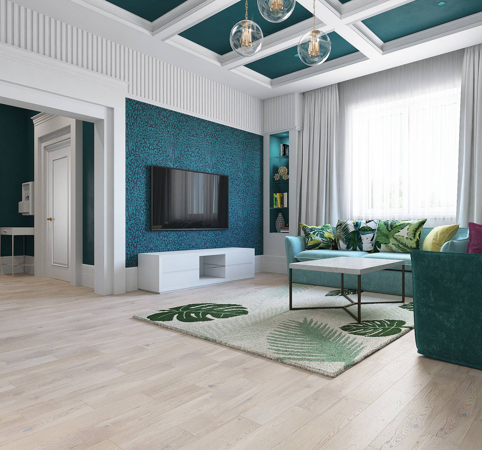 Гостиная с высокими потолками