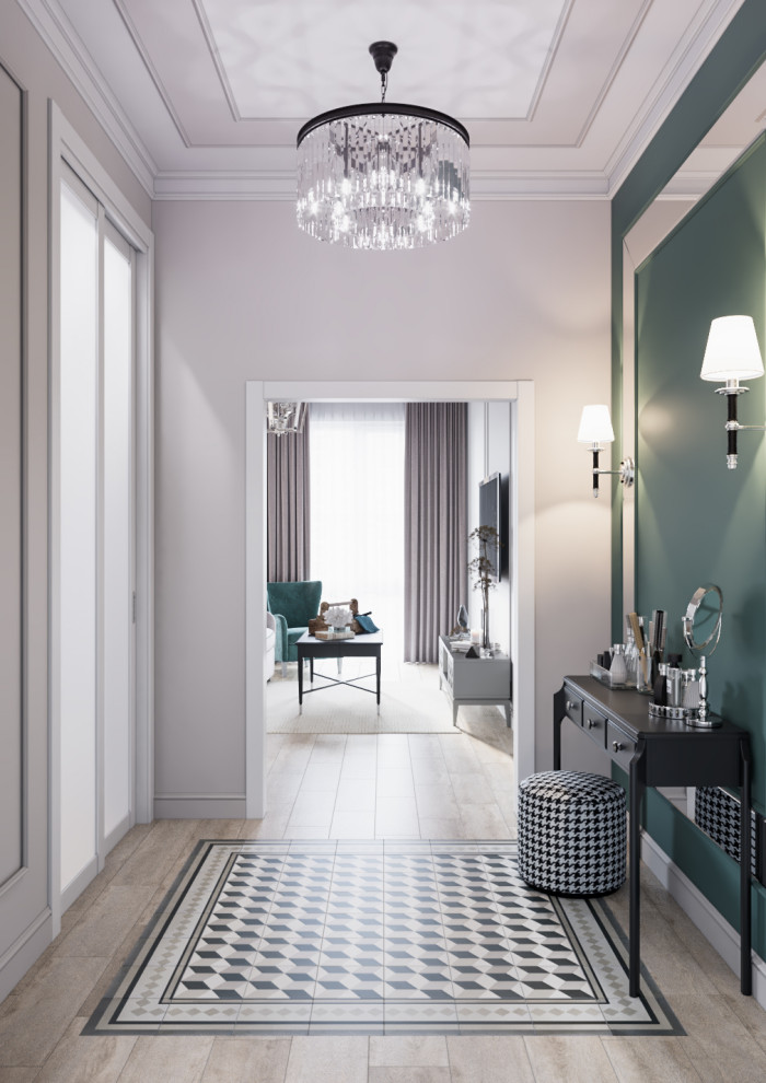 Дизайн интерьера в неоклассике с зелеными акцентами