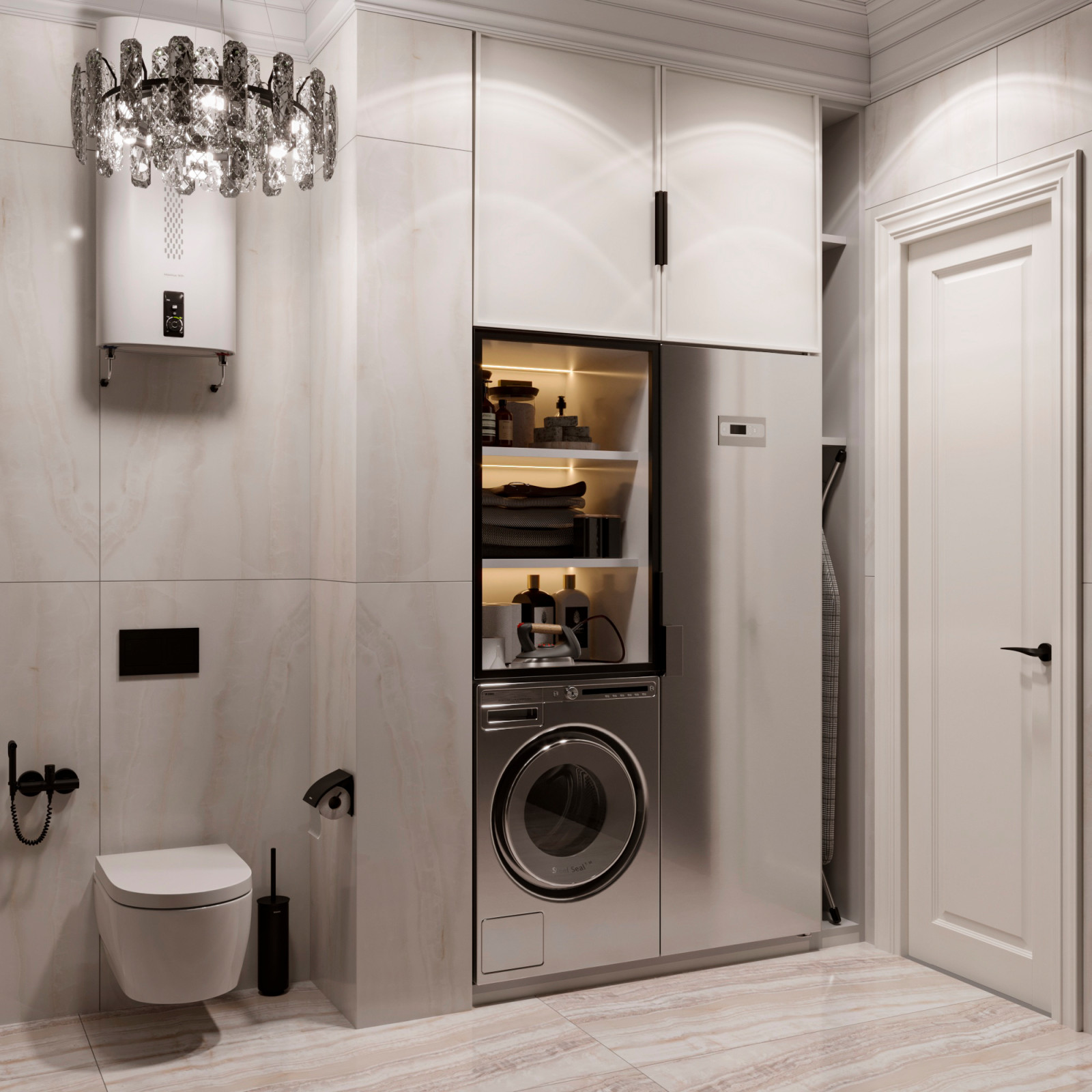 Современная ванная  в светлых тонах с постирочной зоной