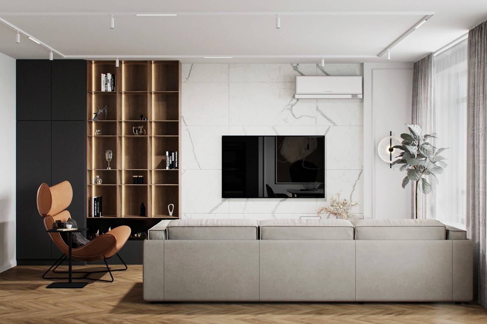 Cовременная квартира, дизайн интерьера в светло-темных тонах в ЖК "Георг Ландрин