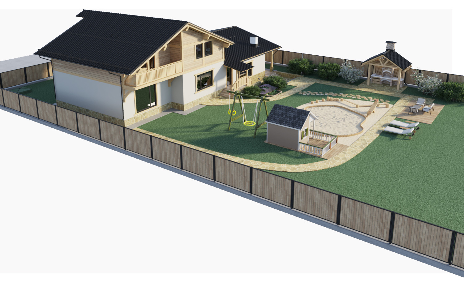 Обложка проекта: Визуализация решения по благоустройству вокруг дома. Пристройка к дому.