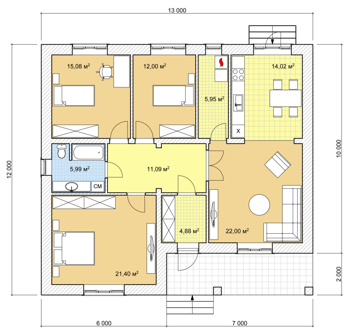 Проект одноэтажного дома с террасой, 113 кв.м.