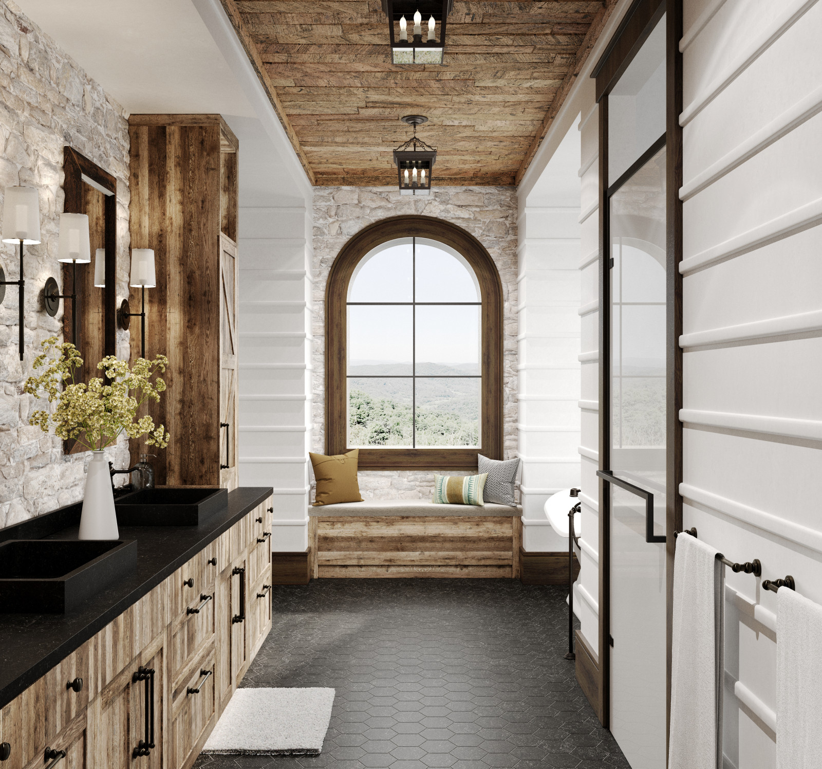 Rustic bathroom in 2 layouts versions