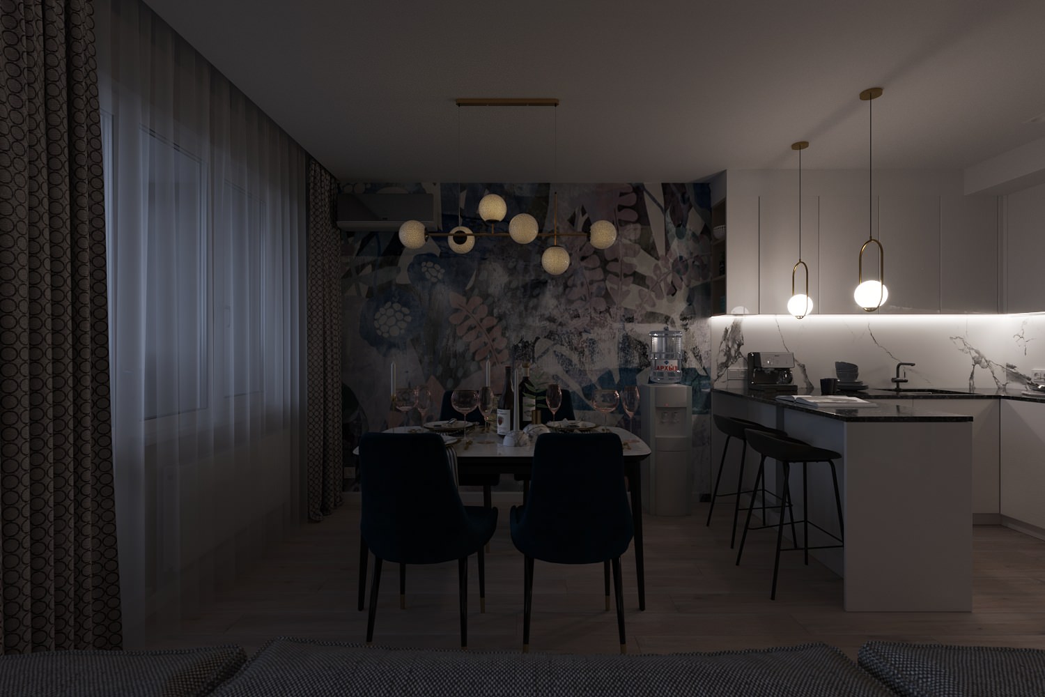 Кухня-гостиная с акцентной фреской