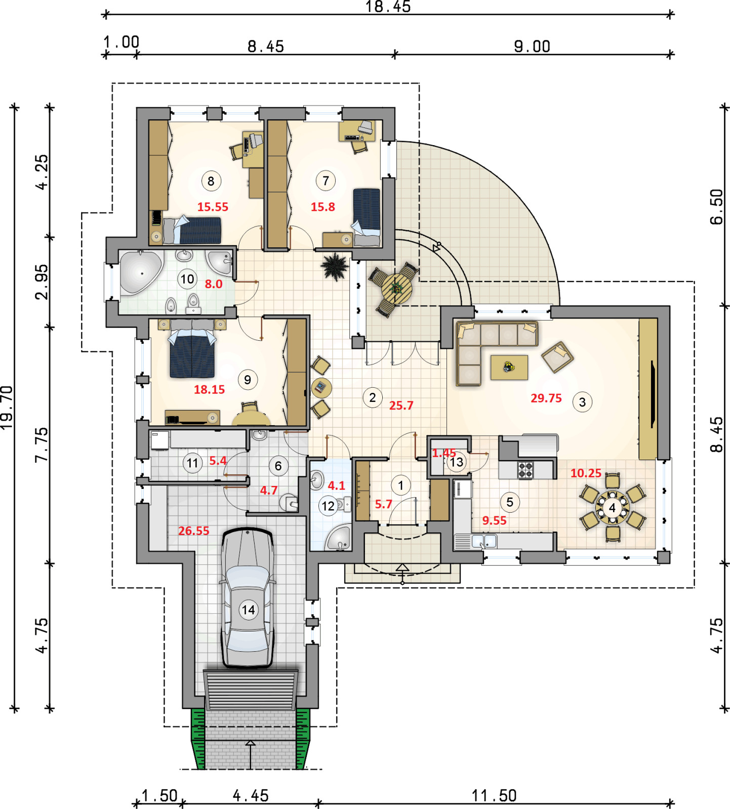 Проект одноэтажного дома с гаражом - 154 кв.м. (3 просторные спальни).