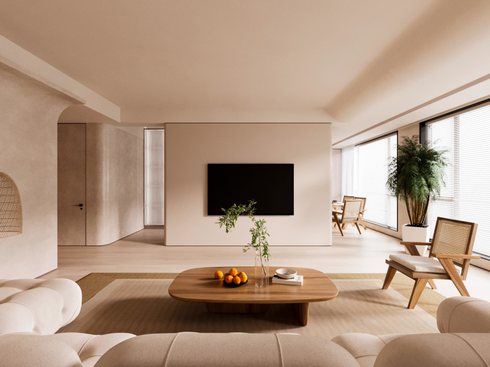 кухня-гостиная в тёплом стиле.