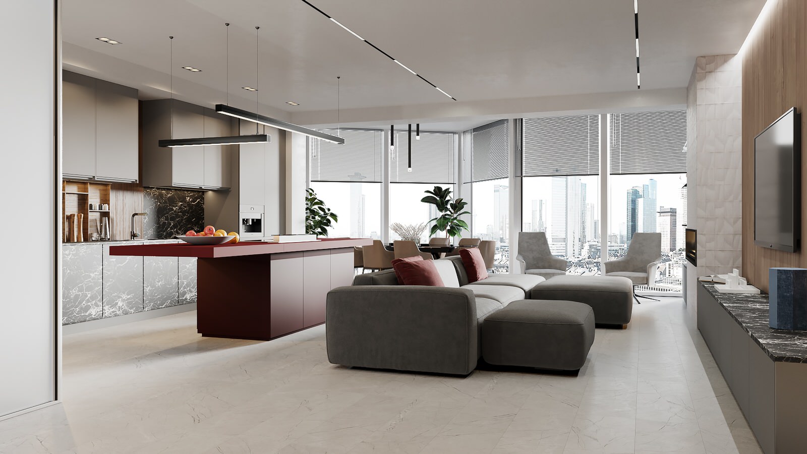 Современная кухня-гостиная с цветными элементами