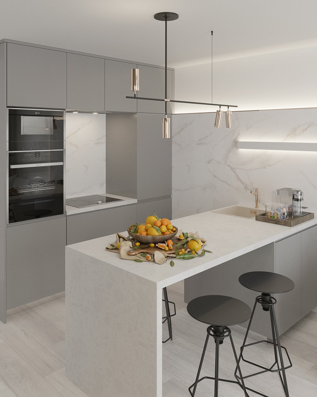 Дизайн интерьера маленькой кухни с барной стойкой, диваном и ТV зоной.