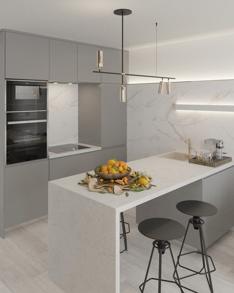 Дизайн интерьера маленькой кухни с барной стойкой, диваном и ТV зоной.