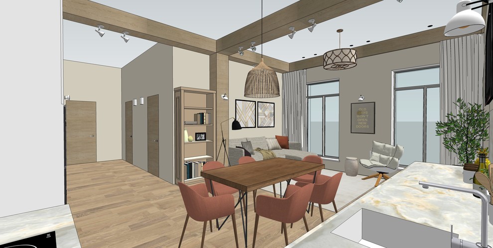 Деревянные балки в современной кухне-гостиной