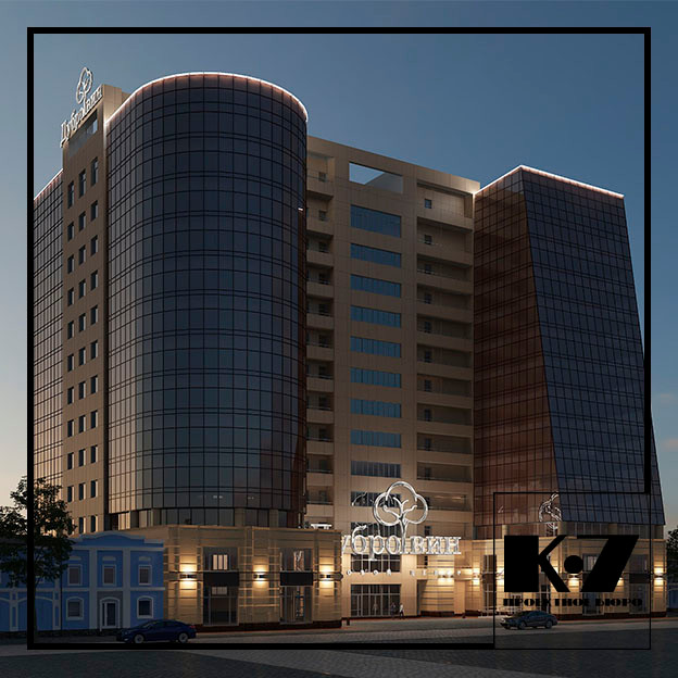 Обложка проекта: 3D визуализация экстерьера офисного здания с подземной автопарковкой БЦ Дубровин