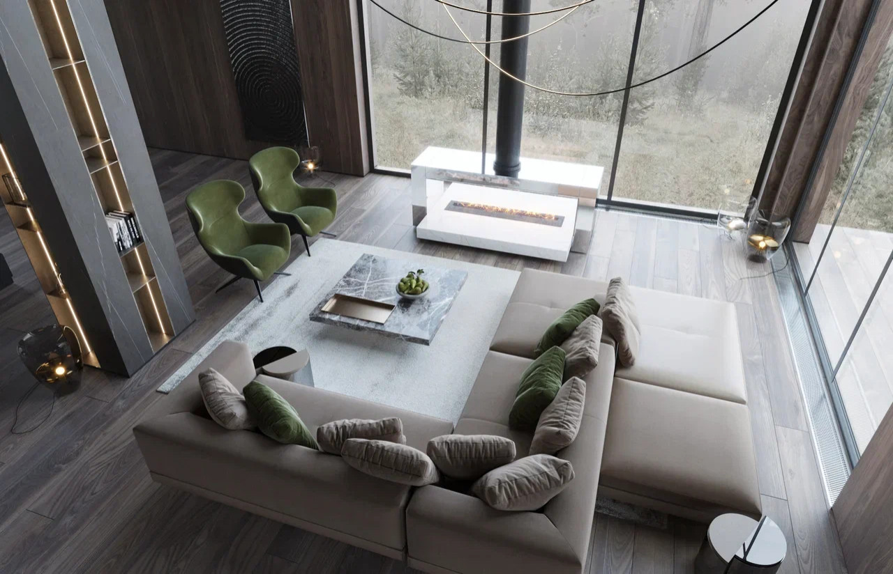 Главная зона в интерьере дома в КП Променад