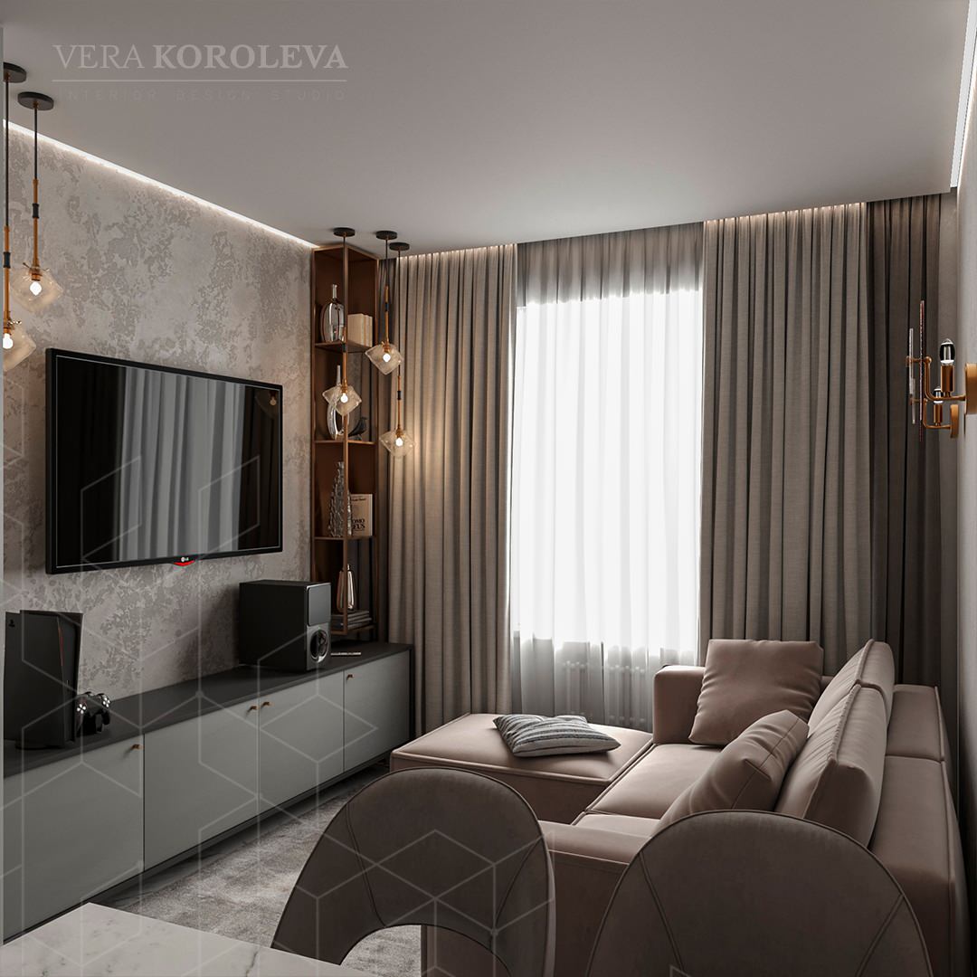 Дизайн-проект двухкомнатной  квартиры с золотыми акцентами в ЖК "Q-Мир"