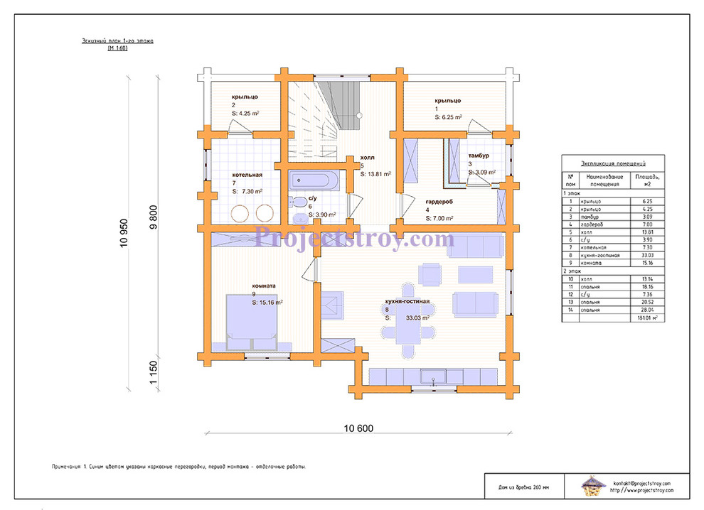 Проект бревенчатого дома 10.6 на 11 м