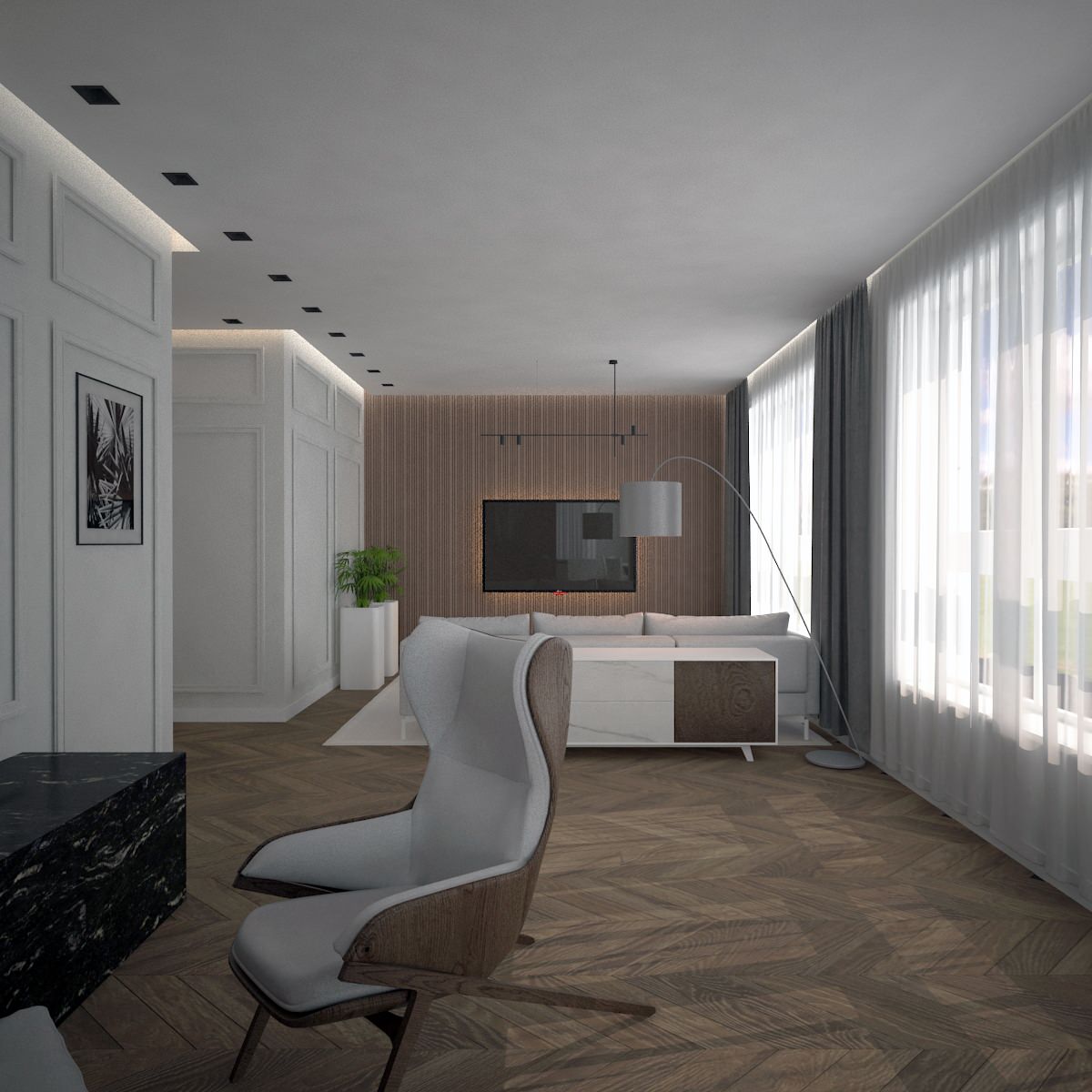 Большая гостиная с двумя зонами