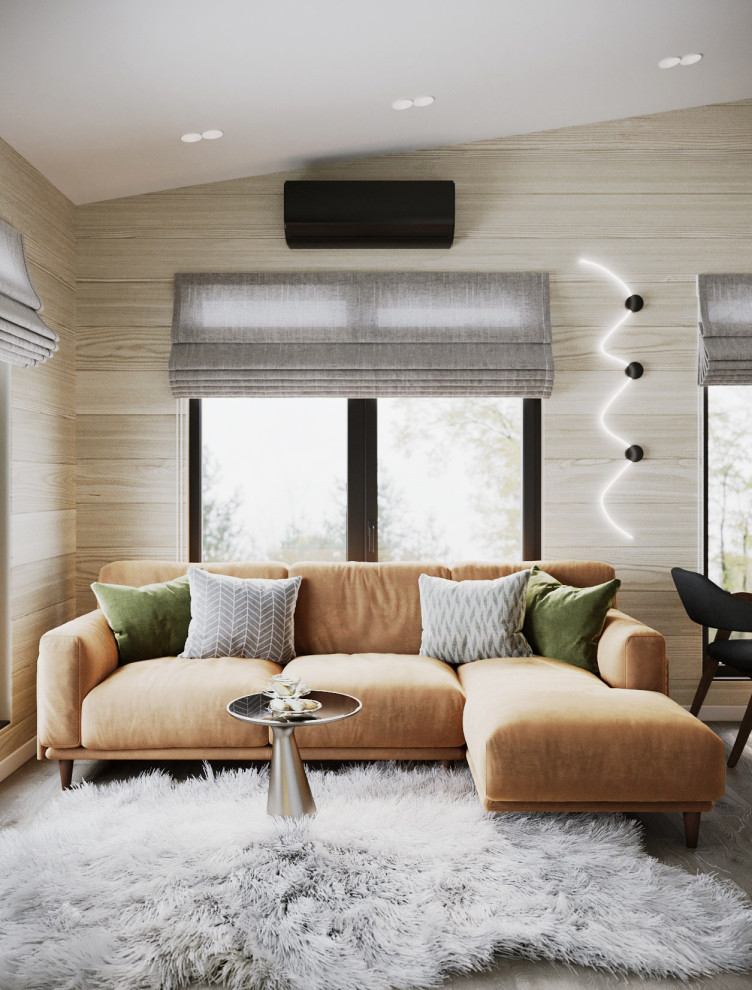 Дизайн кухни-гостиной в доме из бруса