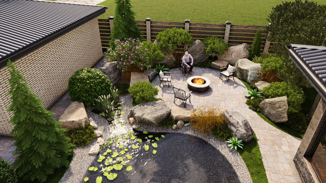 Проект по благоустройству дома с бассейном и водоемом