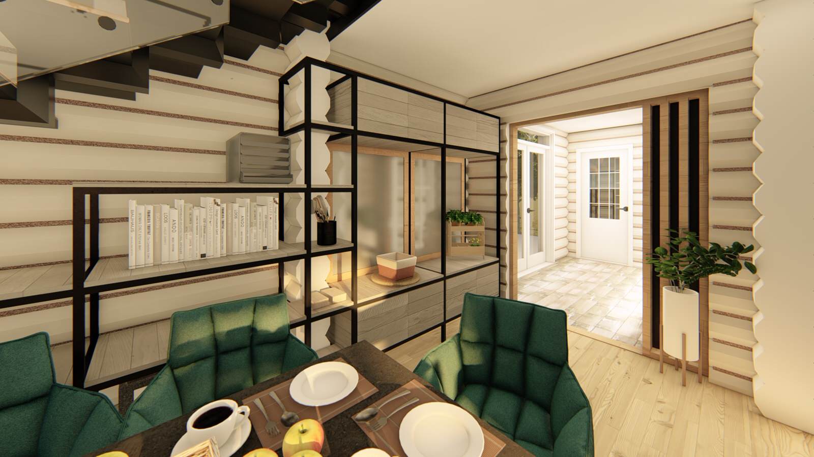 Интерьер двухэтажного коттеджа из оцилиндрованного бревна