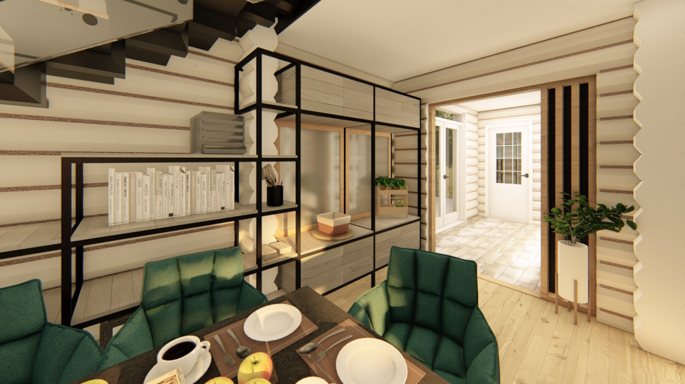 Интерьер двухэтажного коттеджа из оцилиндрованного бревна