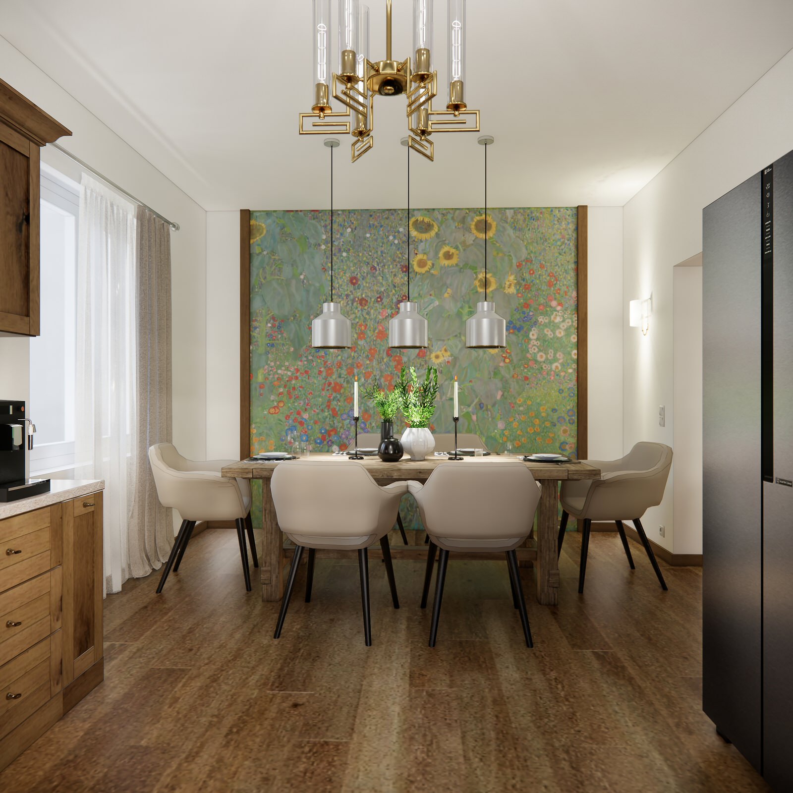 Дом в немецком стиле: кухня и гостиная с камином и лестницей