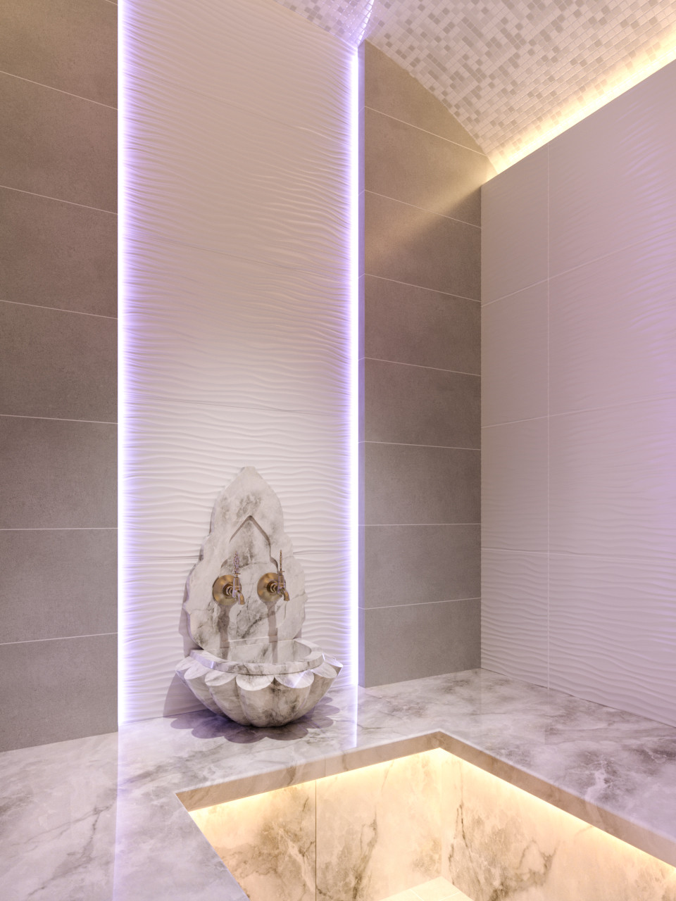 Турецкая баня (хамам) с мраморной курной и панелью под краны