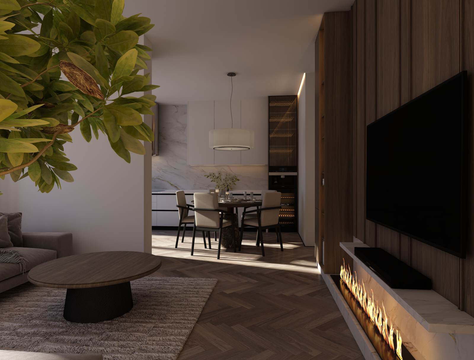 Прихожая.Столовая зона. Гостиная. Квартира ЖК "Настоящее" г. Москва