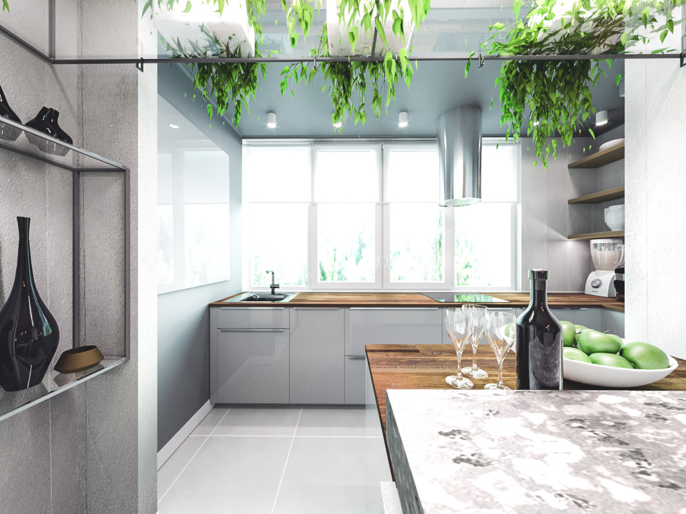 Soft-minimal кухня-гостиная с панорамным остеклением