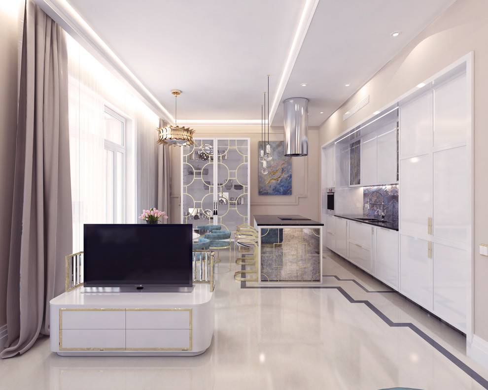 Вид на гостиную (зона кухни и столовой)