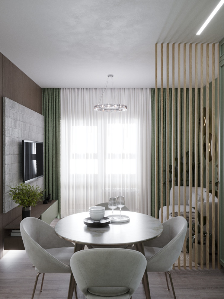 Дизайн кухни-гостиной в оливковом цвете