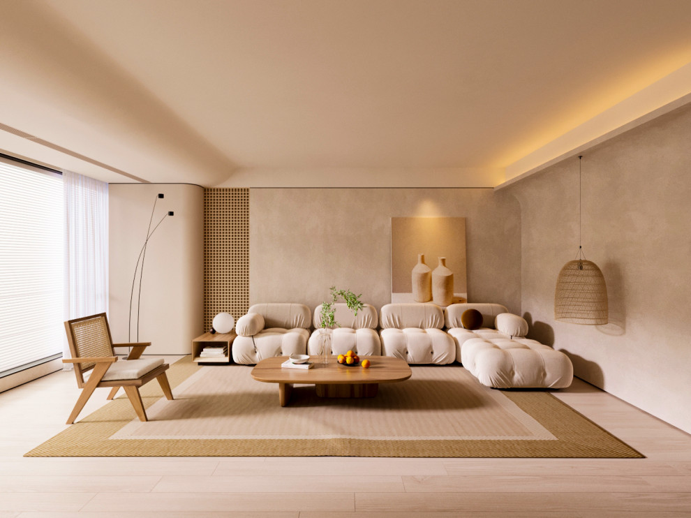 Обложка проекта: кухня-гостиная в тёплом стиле. Скандинавский стиль, "Джапанди"